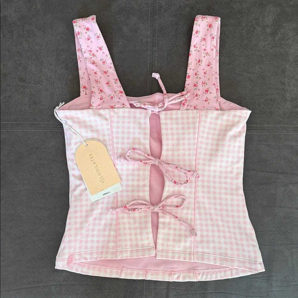 NWT Blogilates Women's Ruched Waist Bike Shorts & Top - Pink Gingham S - Picture 2 of 13